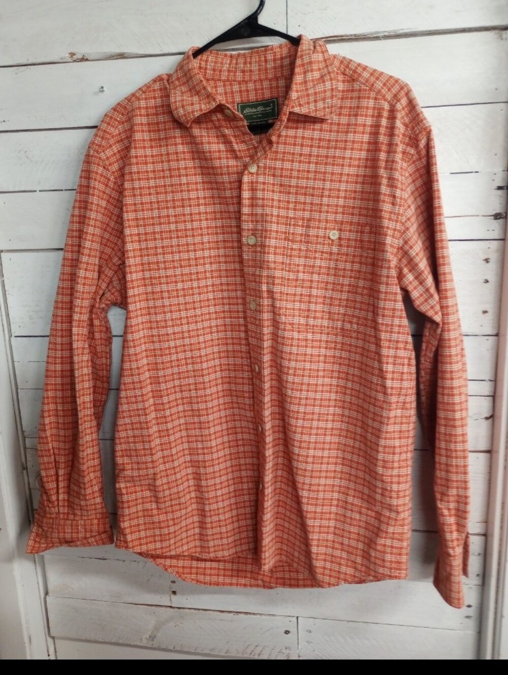 Eddie Bauer Mens Medium Long Sleeve Button Up Shirt Orange Plaid Cotton Outdoor
